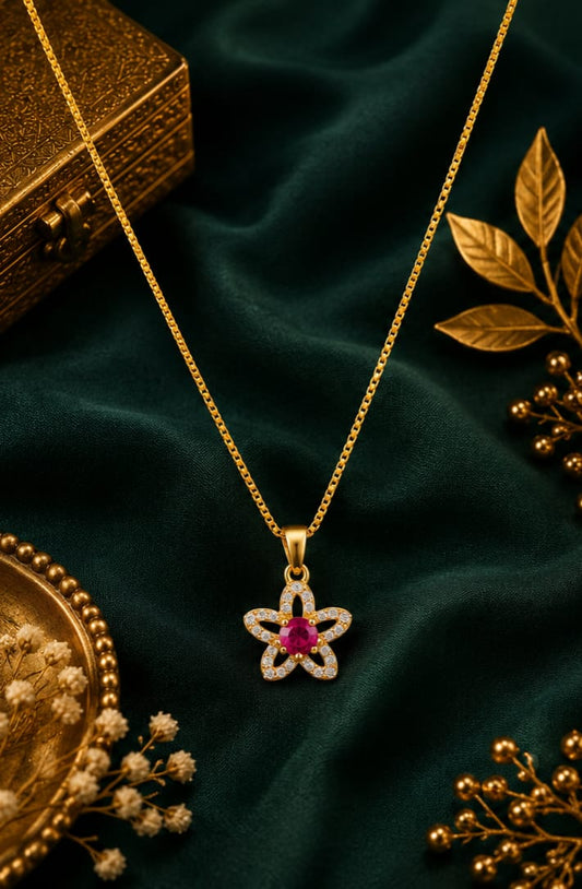 Elegant Floral Ruby Pendant Necklace for Women – Premium Gold Finish with Sparkling Stones