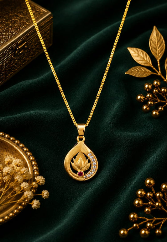 Premium Lotus Drop Gold Pendant Necklace – Elegant Designer Jewellery for Women