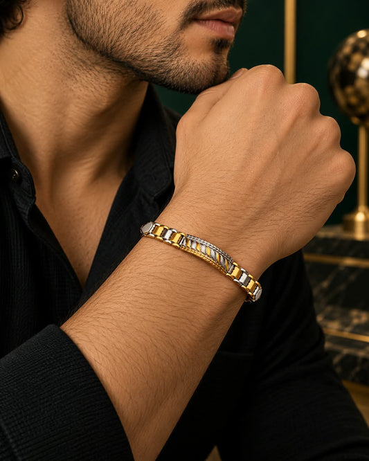 Men’s Premium Gold & German Silver Bracelet with Textured Centre Design, Detailed Link Pattern and Polished Metallic Finish