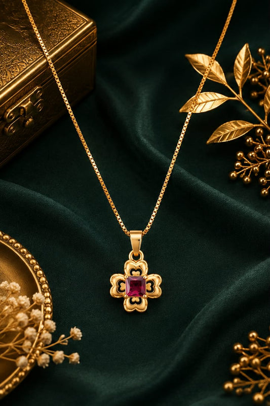Elegant Gold-Plated Floral Cross Pendant Necklace with Red Stone | Stylish Necklace for Women & Girls