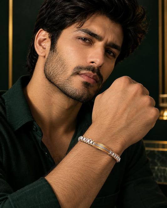 Men’s Premium German Silver & Gold Bracelet with Textured Centre Panel, Detailed Link Pattern and Elegant Metallic Finish