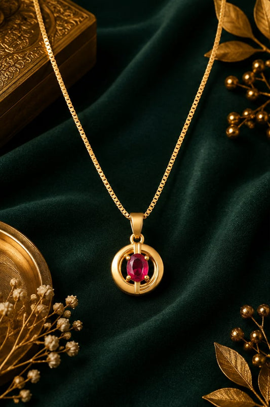 Elegant Ruby Circle Pendant Necklace for Women – Premium Gold Finish with Oval Red Stone