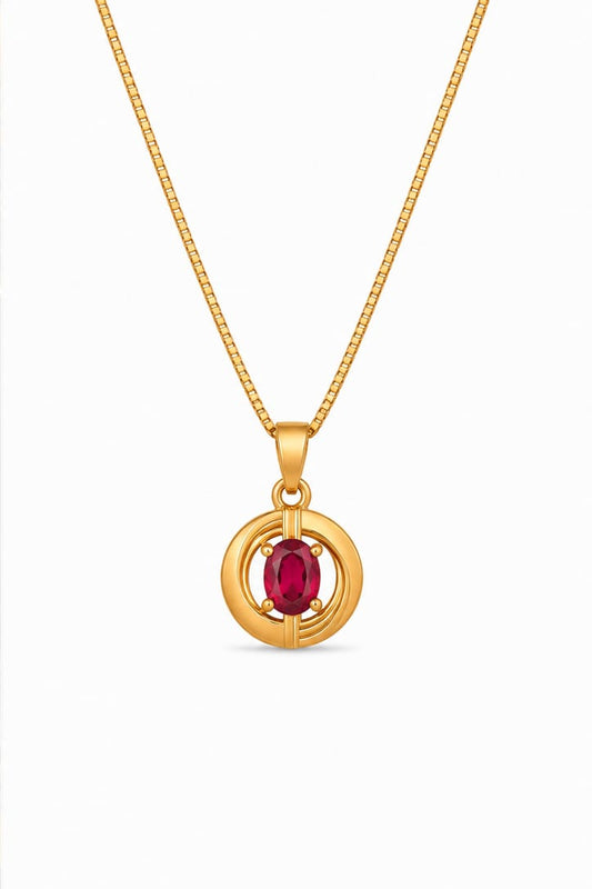 Elegant Ruby Circle Pendant Necklace for Women – Premium Gold Finish with Oval Red Stone