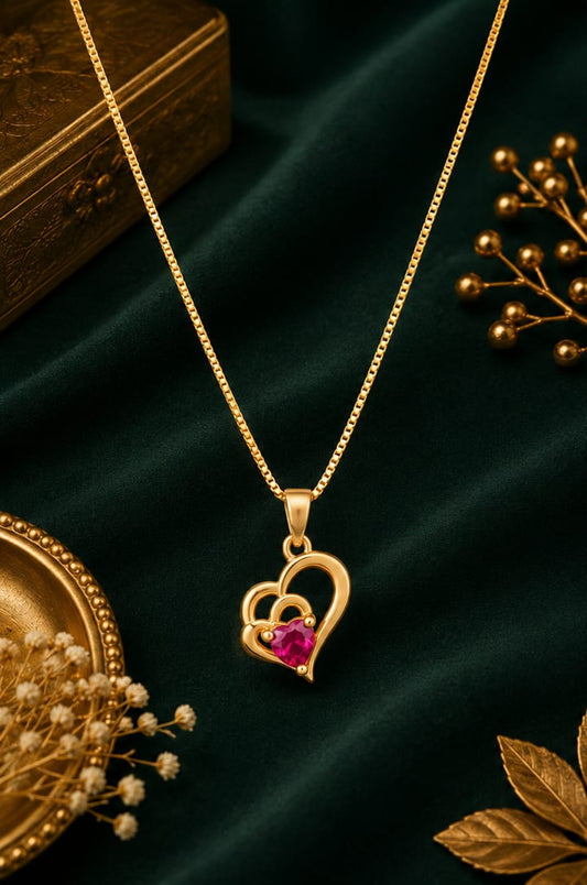 Elegant Double Heart Ruby Pendant Necklace for Women – Premium Gold Finish Designer Jewellery