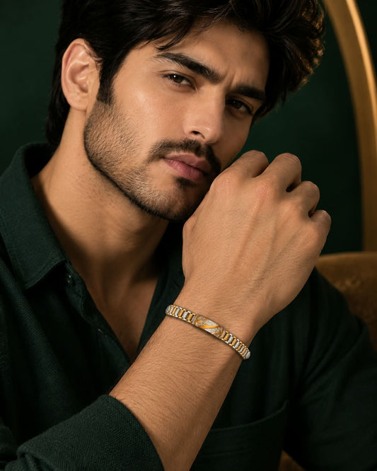 Men’s Premium Gold & German Silver Bracelet with Intricate Centre Design, Detailed Link Pattern and Elegant Metallic Finish