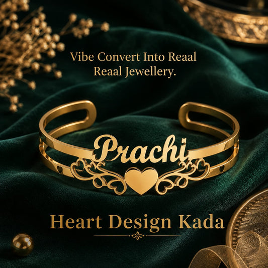 Customized Heart Name Kada Bracelet Personalized Gold Plated Stylish Open Cuff Customizable Unique Gift