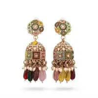 Multicolor Beaded Antique Jhumka Earrings With Pearl Tassels Elegant Premium Finish Design Ring Stylish