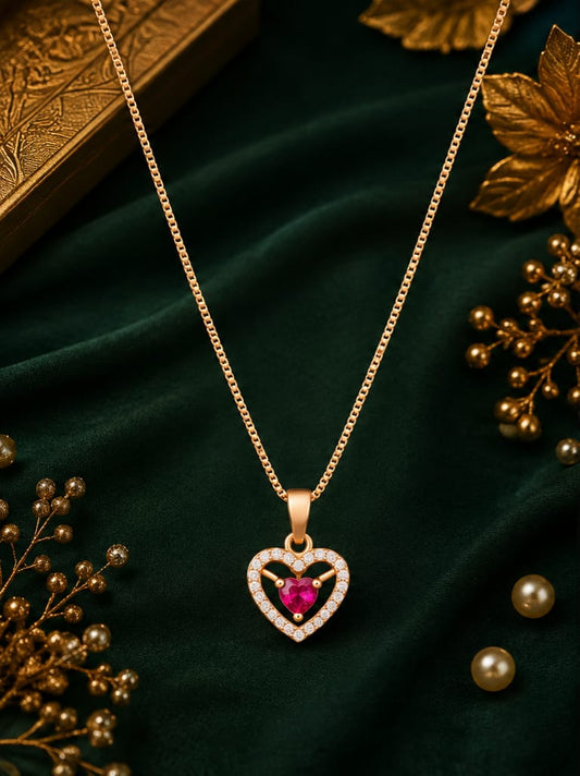 Heart-Shaped Rose Gold Pendant Necklace with Pink Stone