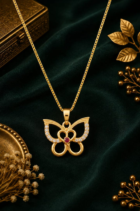 Elegant Butterfly Pendant Necklace for Women – Premium Gold Finish with Sparkling Stones & Red Accent
