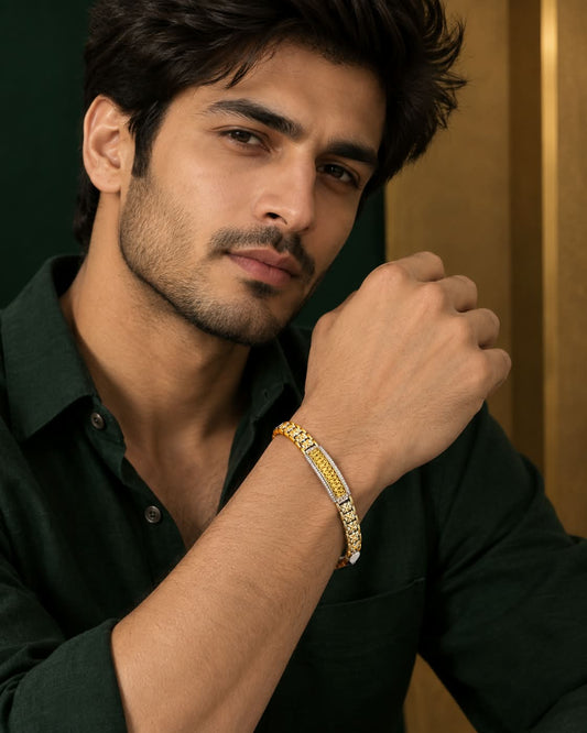 Men’s Premium Gold-Tone & German Silver Designer Bracelet – Stylish Textured Link Bracelet with Elegant Statement Detailing