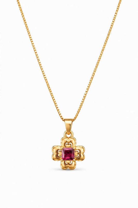 Elegant Gold-Plated Floral Cross Pendant Necklace with Red Stone | Stylish Necklace for Women & Girls