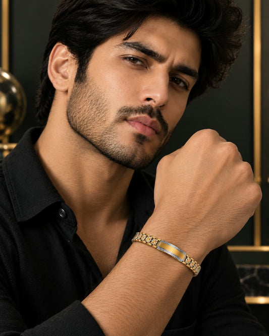 Men’s Premium Gold & German Silver Bracelet with Geometric Centre Bar, Intricate X-Pattern Links and Dual-Tone Finish