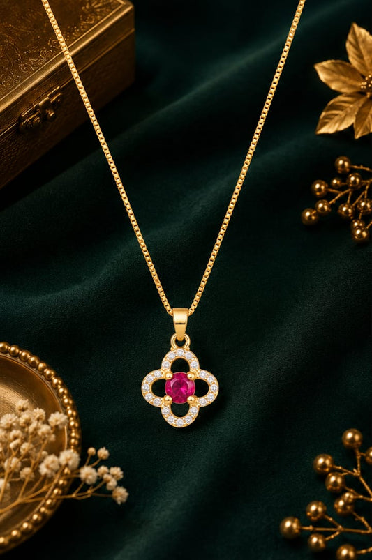 Elegant Floral Ruby Pendant Necklace for Women – Premium Gold Finish with Sparkling Stones