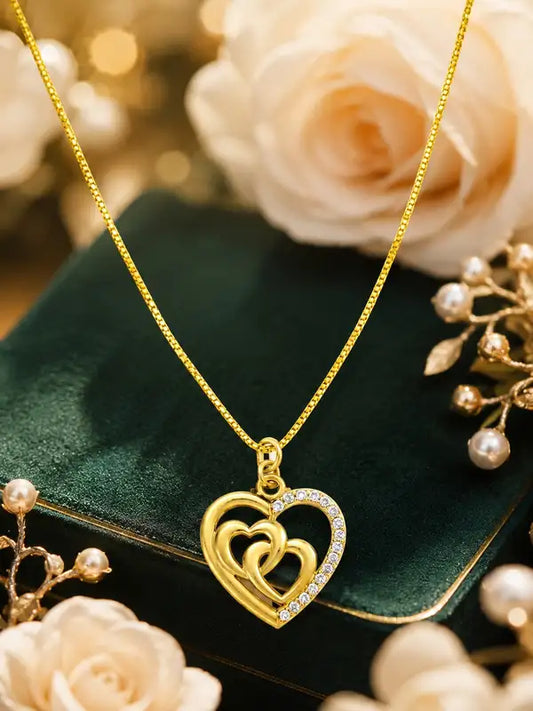 Gold-Tone Interlocking Heart Pendant Necklace with Crystal Accents